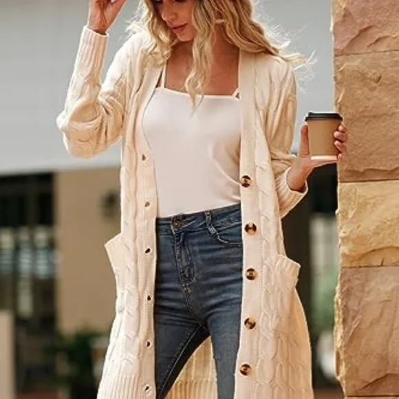 Long Sleeve Cable Knit Chunky Cardigan Open Front Button Sweater with Pockets - Picture 4 of 8